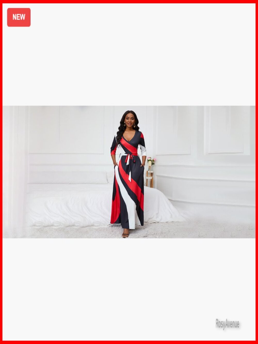 V Neck Wrap Maxi Dress with Tie Belt 3/4 Sleeve - Picture 7 of 7